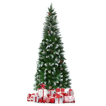 Topbuy 7.5'Artificial Pencil Christmas Tree Snow Flocked Tree w/ Pine Cones and Metal stand
