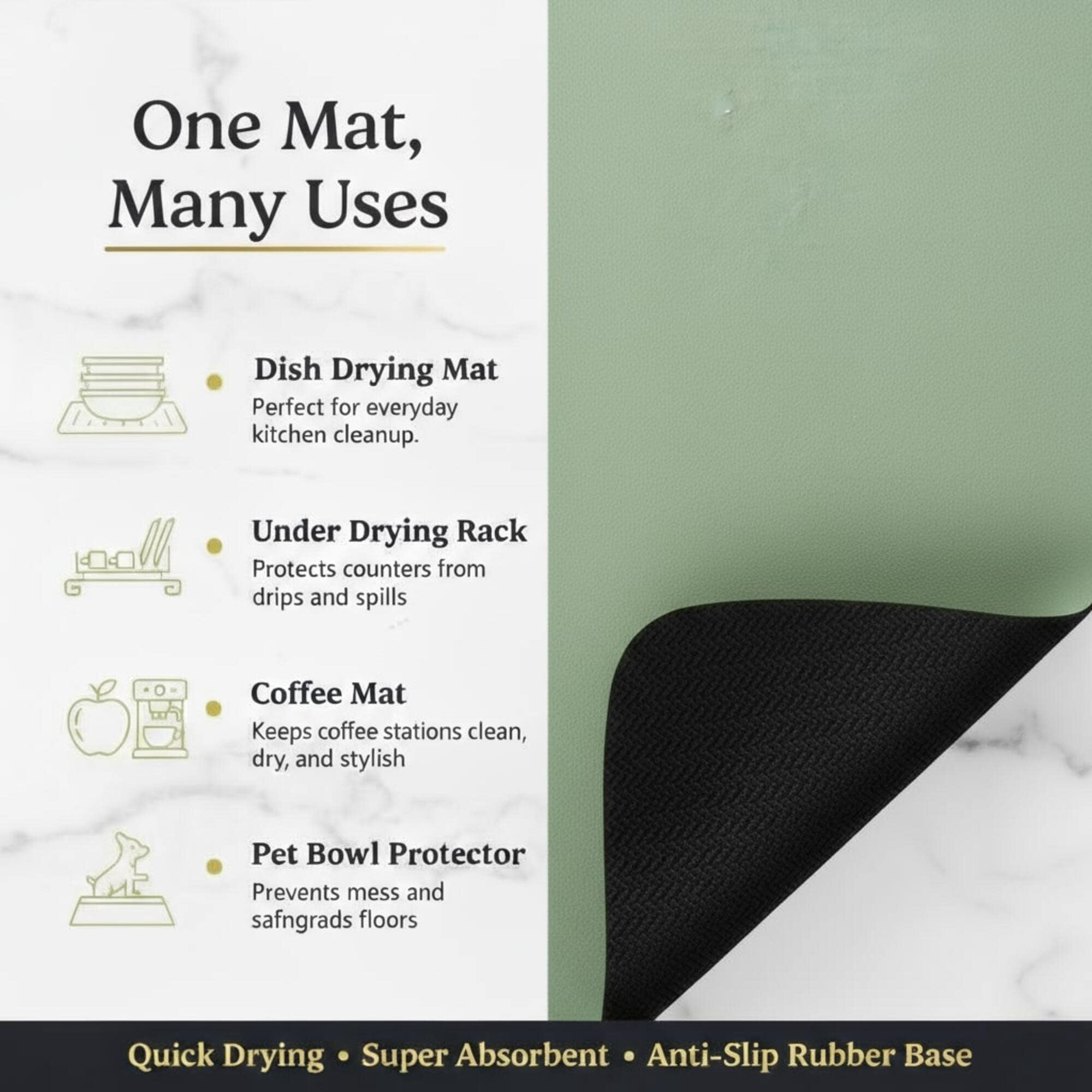 STRABELLA: Dish Drying Mat - 16x18", Sage - Super Water Absorbent, Quick Dry Foam, Multi-Purpose, Kitchen Countertops, Non-Slip, Machine Washable