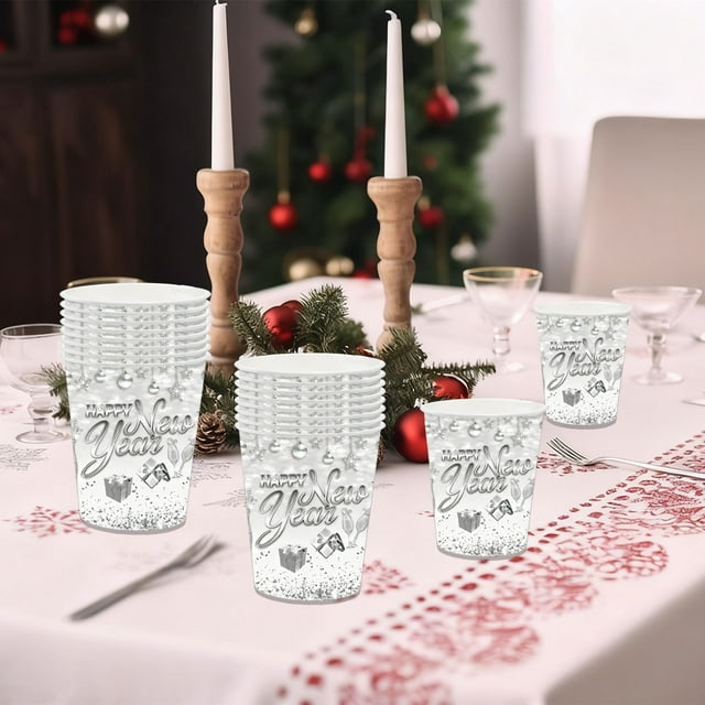 White And Silvery Happy NewYear Theme Party Tableware Disposable 7-inchs 9-inchs Paper Plates Paper Cups Tissue Set Of Party-Themed Paper Plates Set