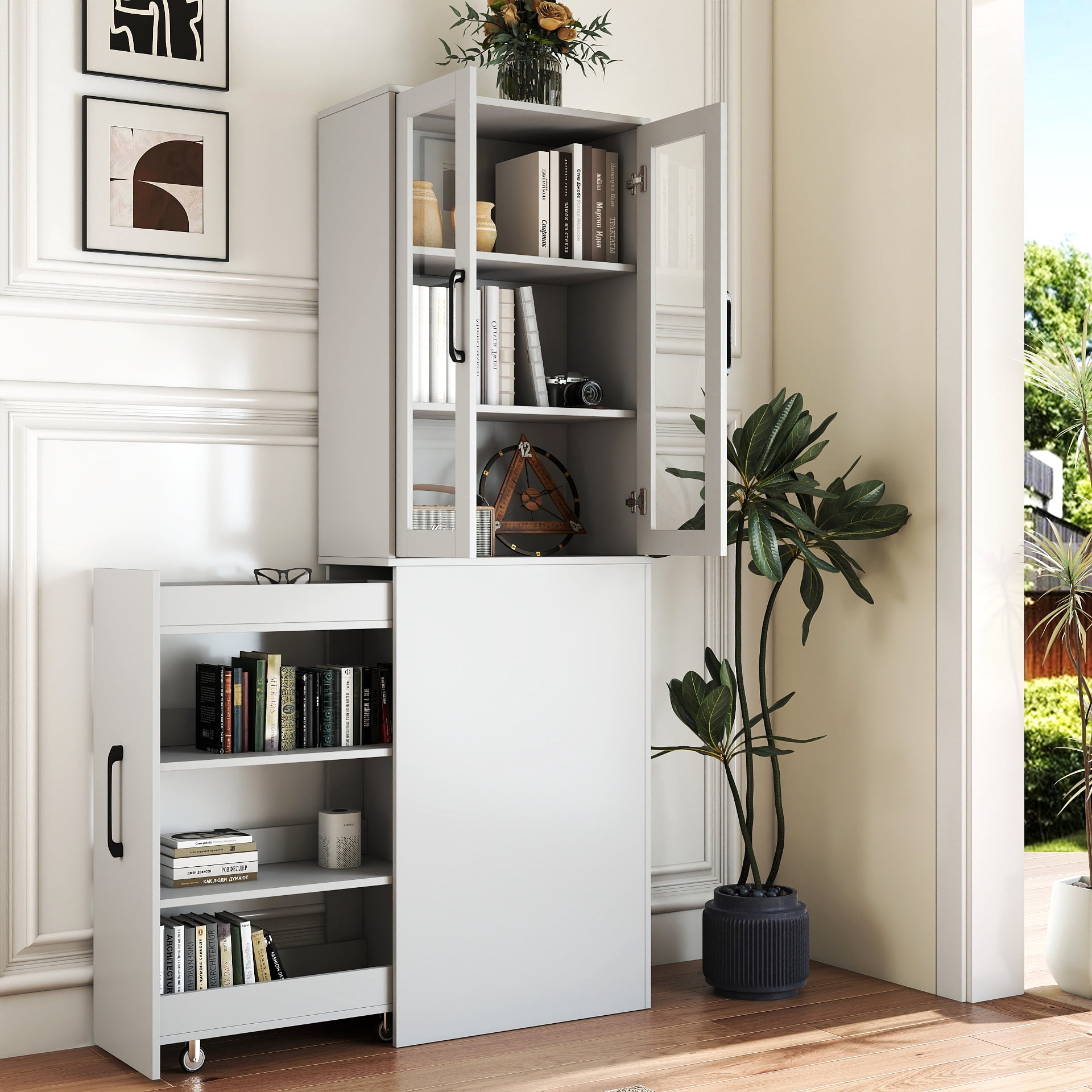 Display Storage Cabinet 4-Tier Pull-Out Shelf with 2 Glass Doors for Kitchen Living Room, White