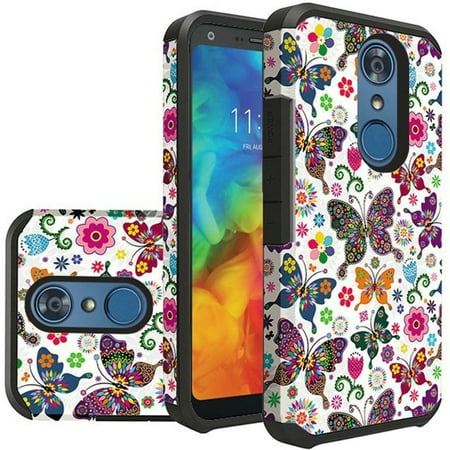 Flower Butterfly Rubber Insten Butterfly Flower Polka Dot Floral Dual Layer Hybrid PC/TPU Rubber Case Cover For LG Q7 Plus ()