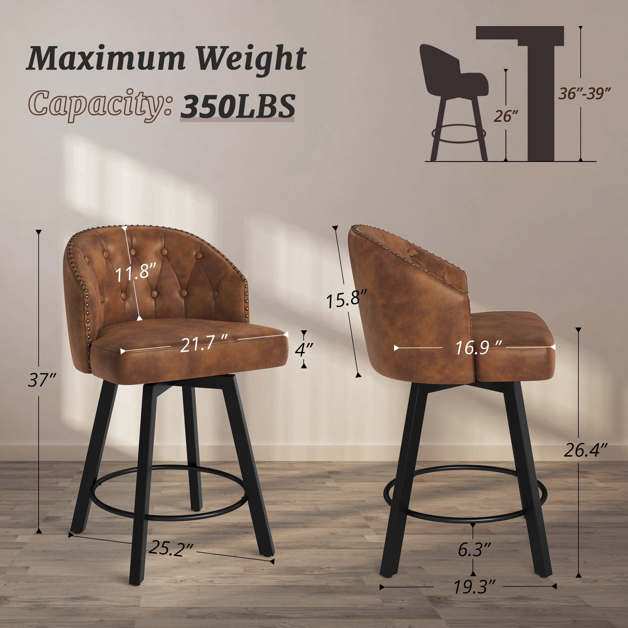 Dycanpo 26''H Swivel Counter Height Bar Stools with Back Dining Chair for Home Kitchen Island, Brown