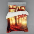 thumbnail image 2 of Woodland Duvet Cover Set, Sun Beams Through Misty Old Forest in Fall Season Morning View Dreamy Picture, Bedding Set with Shams and Fitted Sheet, 3 Sizes, by Ambesonne, 2 of 3