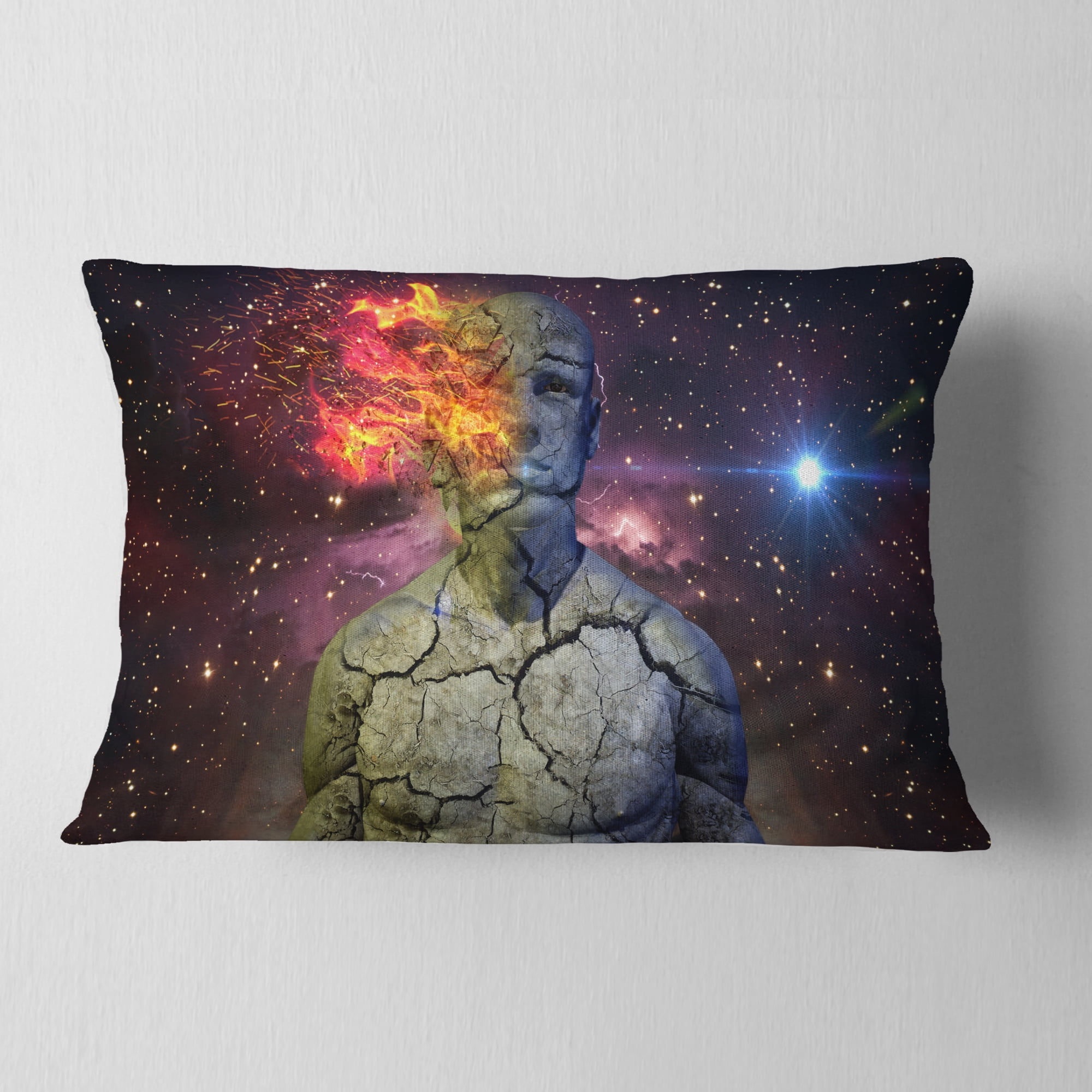 Designart Broken Human Body with Fire - Contemporary Throw Pillow - 12x20