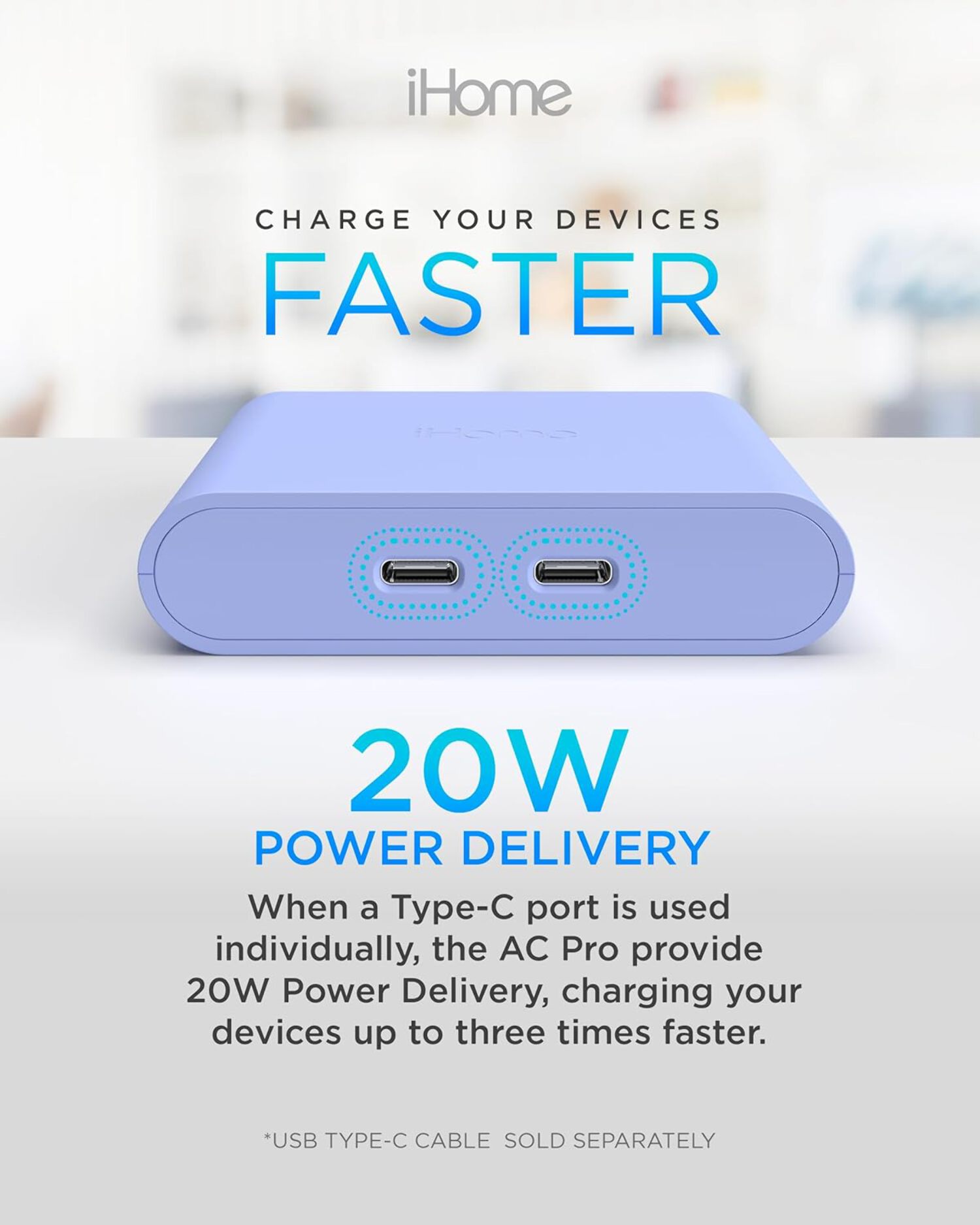 iHome 40W USB-C Multiport Wall Charger, 2-Port AC Adapter, Dual Fast Charging
