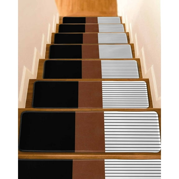 Black Brown Stair Treads for Wooden Steps Indoor Runner Rug Carpet, Contemporary Striped Boho Art 15 Pieces Peel and Stick Staircase Step Treads Covers Washable Throw Door Mats, 30"x8"