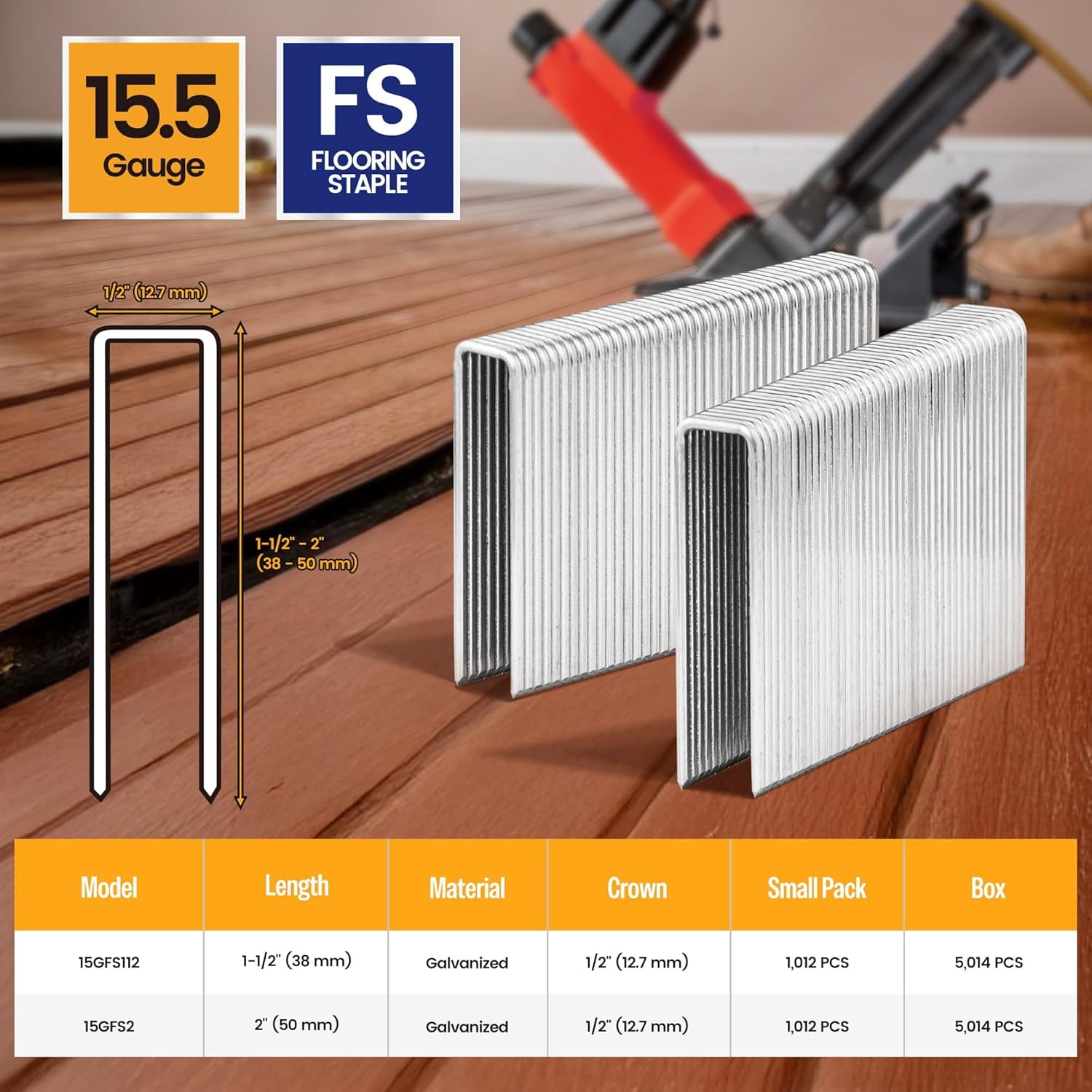 5,014 PCS MEITE 15.5 Gauge Flooring Staples, 2-Inch Length, Hardwood Type 1/2-Inch Crown Galvanized Staples