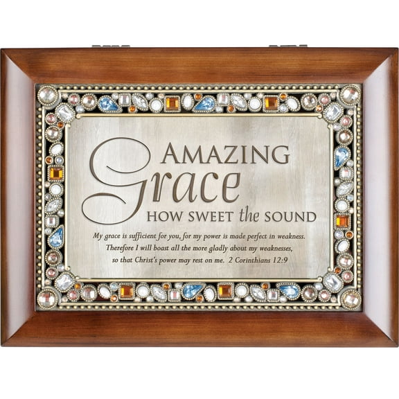 Cottage Garden Amazing Grace Walnut Wood Finish Jeweled Lid Jewelry Music Box Plays Tune Amazing Grace