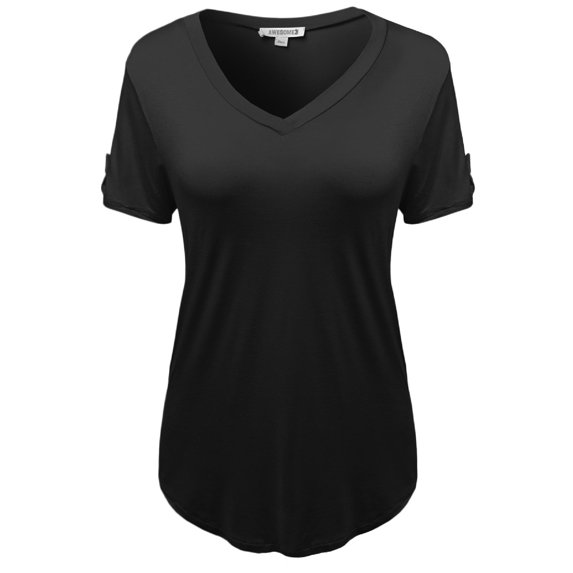 FashionOutfit Women's Super Soft Stretchy Jersey Solid Vneck Short Sleeve PlusSize Tops