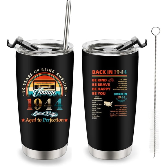 80th Birthday Gifts for Women - 1944 Tumbler Cup for Men 20 oz Double-sided Cup Vintage Eighty Birthday Present - Husband Wife Grandma Grandpa Mother''s Day Father''s Day Gift (1944 80th)