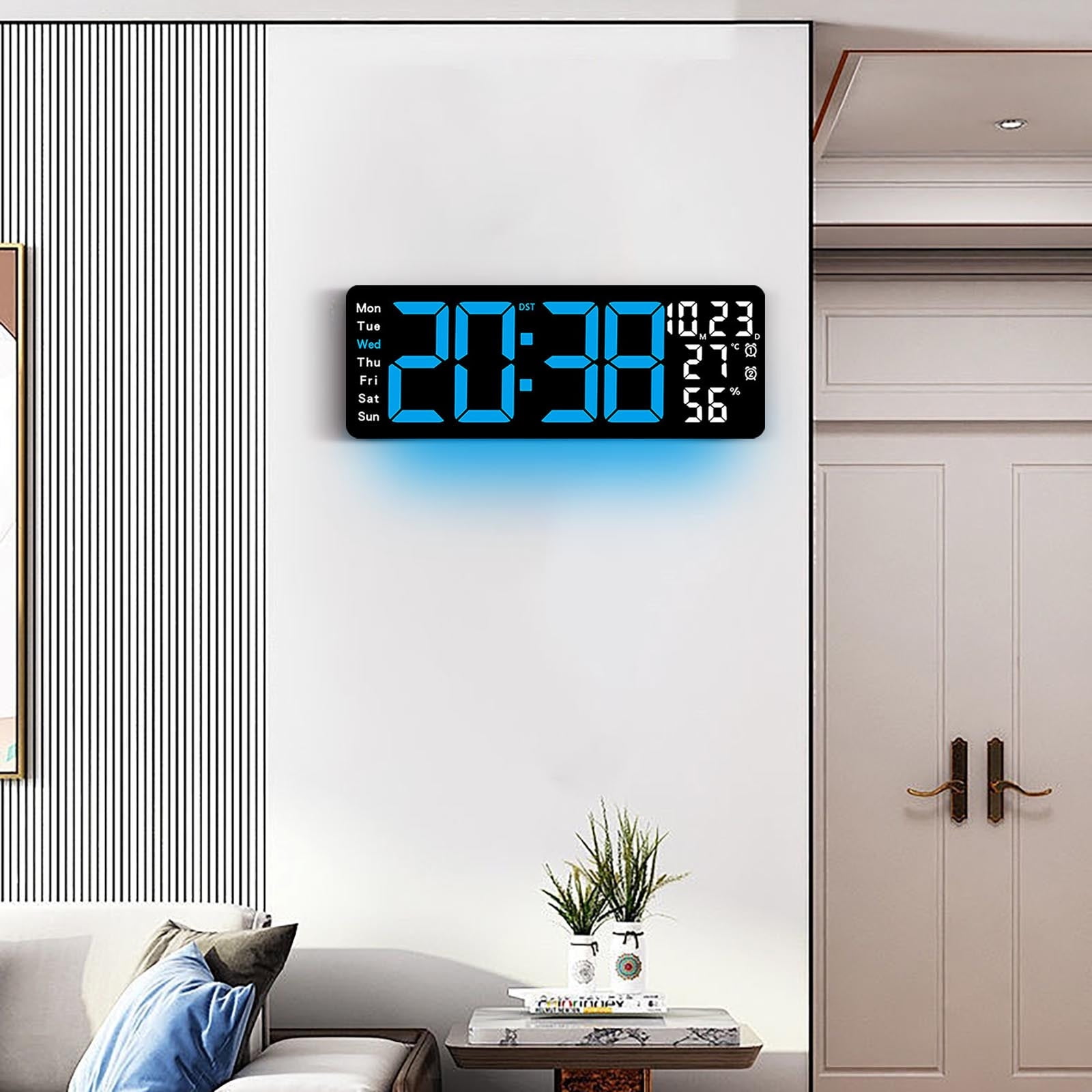 Zzbeans 17.3 Inch Large LED Digital Wall Clock, Multifunctional Electronic Clock with Temperature Humidity Display and Remote Control, Modern Alarm Clock with RGB Night Light for Living Room Bedroom