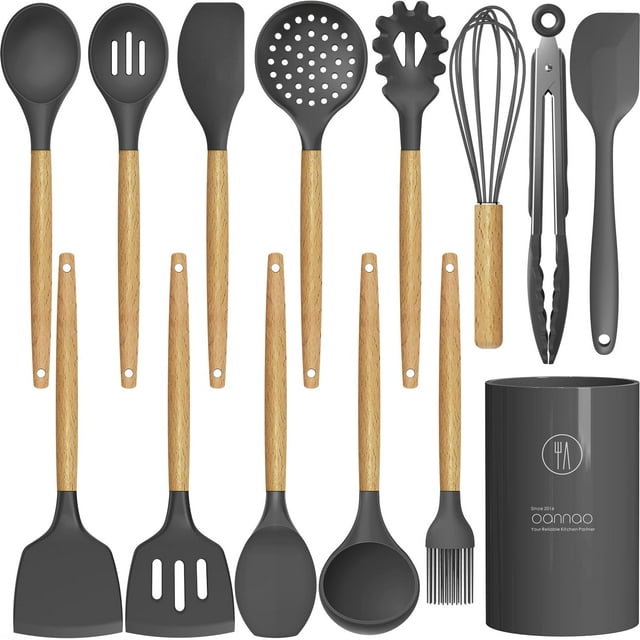 Juego de utensilios de cocina oannao, 14 unidades, silicona con soporte, color gris