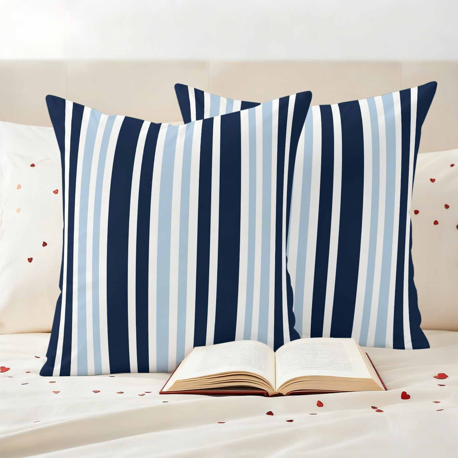 Navy Blue Outdoor Waterproof Pillow Covers, Modern White Geometric Vertical Stripes Decorative Square Throw Pillowcase Sofa Cushion Sham for Patio/Couch/Chair, 24"x24" 2 Pack
