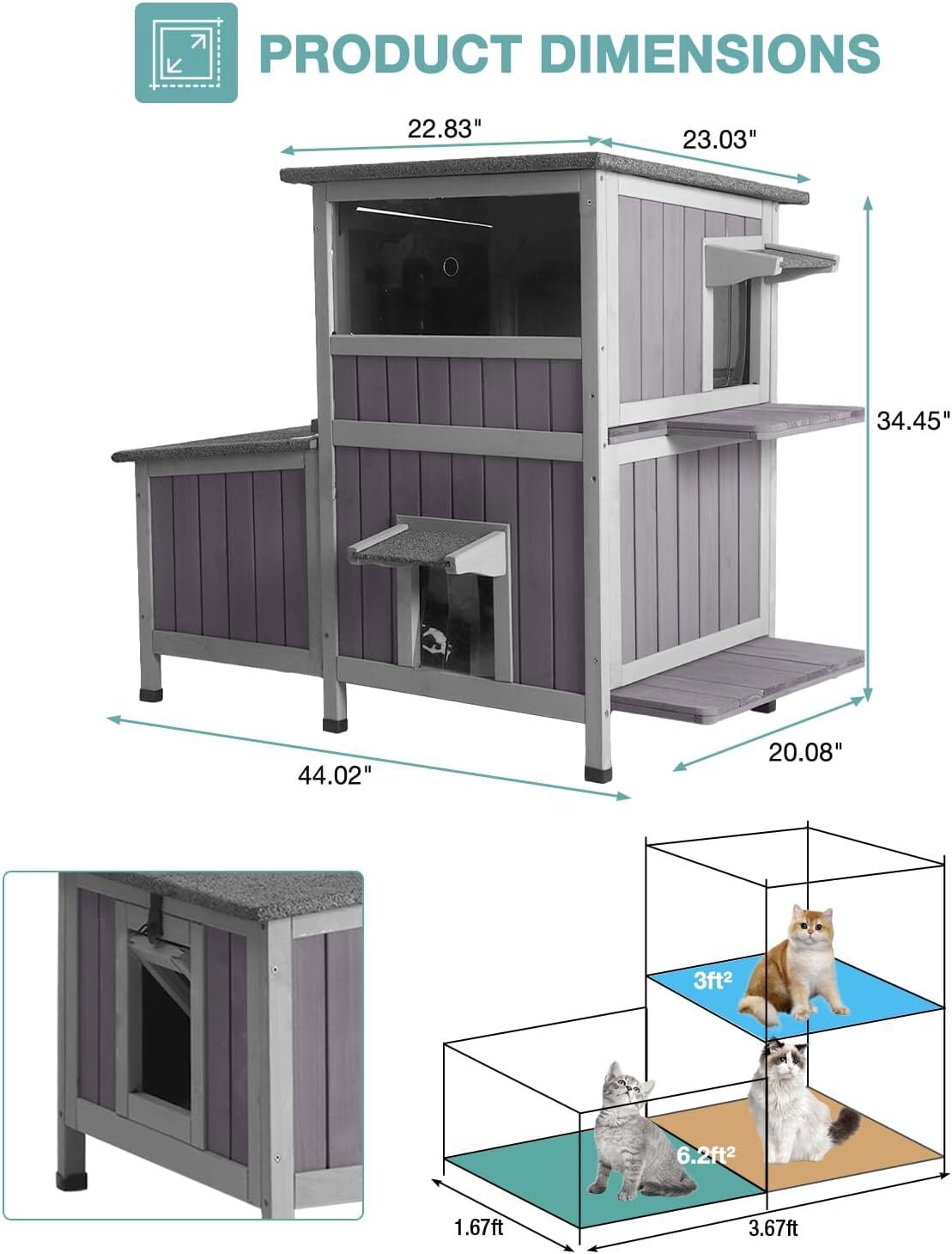 MEDEHOO Outdoor Cat House Weatherproof, Two-Story Wooden Cat Shelter with Escape Door, PVC Curtains, Removable Floor & Waterproof Roof, Raised Outside Cat House for Feral Cats