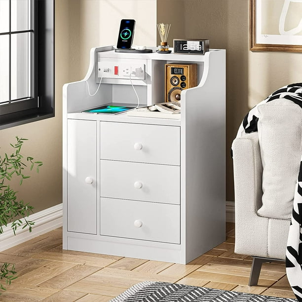 White Nightstand with Charging Station & 3 Drawers,Bedside Table for