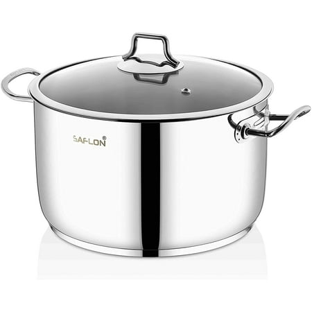

Saflon Stainless Steel Tri-Ply Capsulated Bottom 8 Quart Stock Pot with Glass Lid Induction Ready Oven and Dishwasher Safe