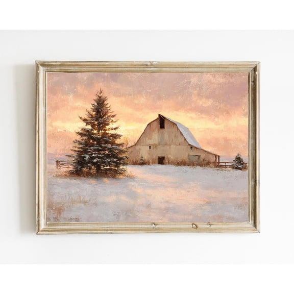 Rustic Winter Barn At Sunrise Farmhouse Print Poster Snowy Landscape Tree With Lights|Wall Decor Poster Warm Present Vintage UNFRAMED Poster Size 8x12