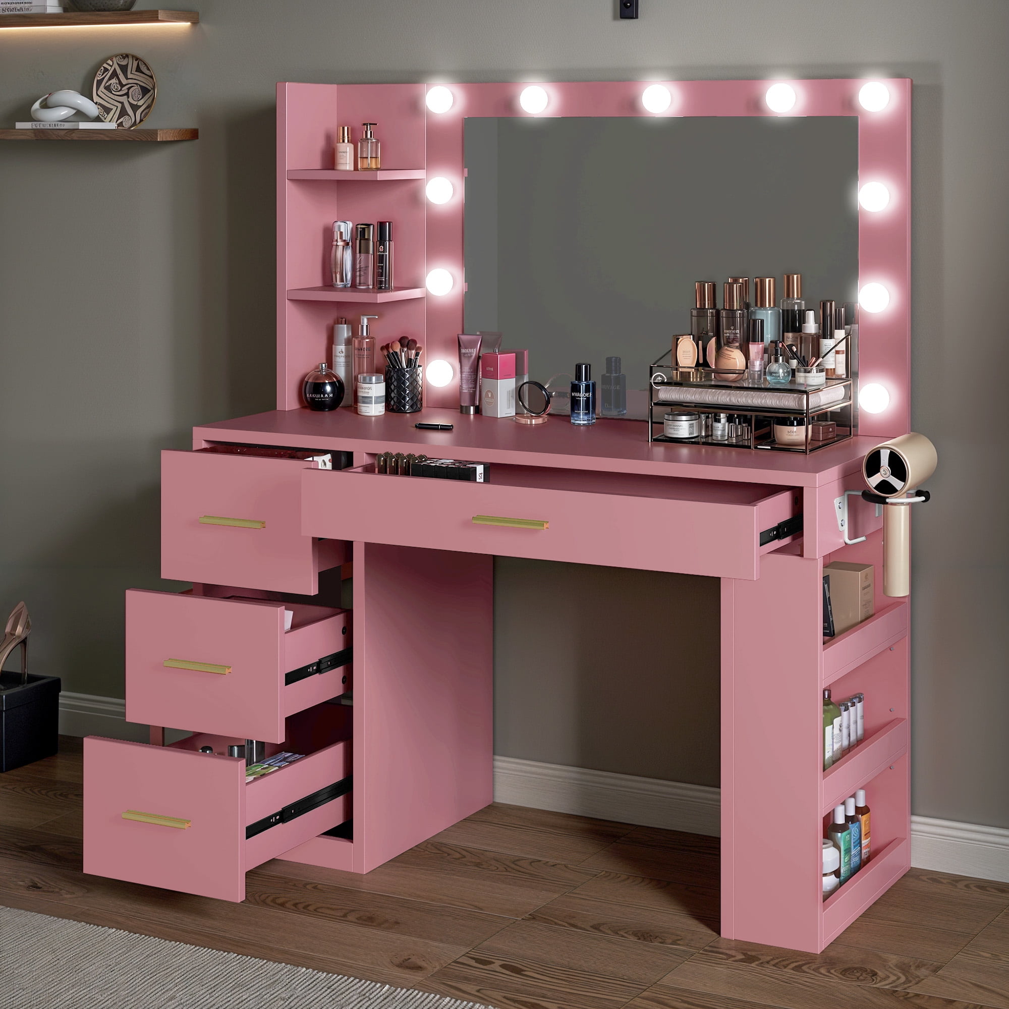 Uforic Makeup Vanity with 3 Color Lights & 3 Storage Shelves, Modern Vanity Makeup Desk, Pink