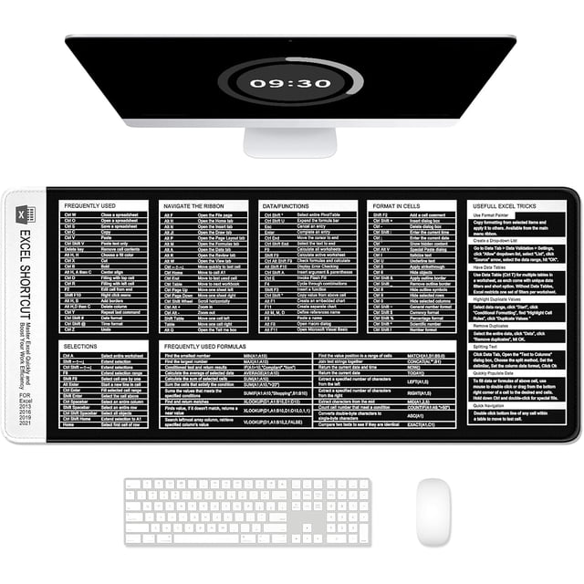 Excel Shortcut Keys Mouse Pad, Large Extended XL XXL Cheat Sheet Gaming Mouse Pad, Office Spreadsheet Desk Mat, Long Big Keyboard Mat, Desk Pad for Desktop, Non-Slip, Stitched, 35.4" x 15.7", Black