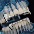 thumbnail image 5 of Fang Half Grillz Set Upper Top And Bottom Lower Silver Tone Teeth Hip Hop Vampire Combo Grills, 5 of 5