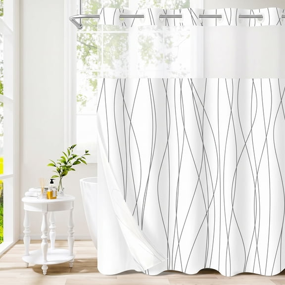 71x74in Gray Abstract Wave Lines Hookless Shower Curtain Set with Liner