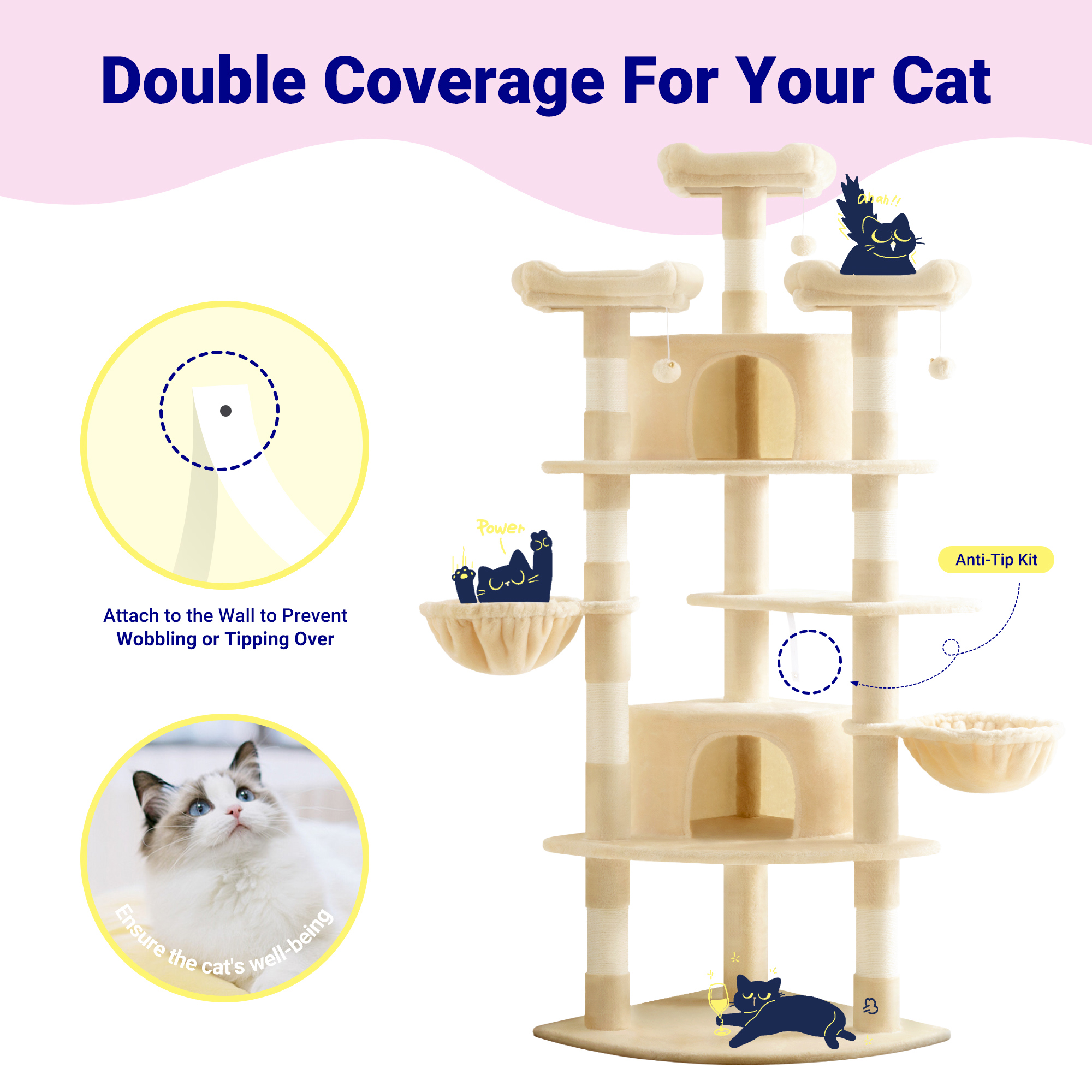 Allewie 73in Fan-Shaped Space-Saving Corner Cat Tower, Multi-Level Tall Cat Tree for Indoor Kitties, Cozy Baskets, Condos, House, Perches, Sisal Scratching Posts, Beige