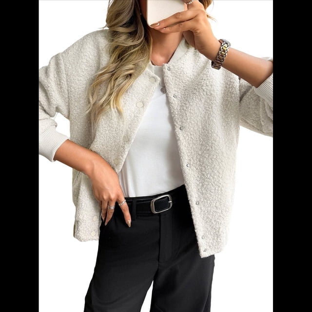 Chaqueta Corta de Piel Sintética para Mujer, Otoño-Invierno, con Cremallera y Bolsillos. Abrigos con Bolsillo. Crema L