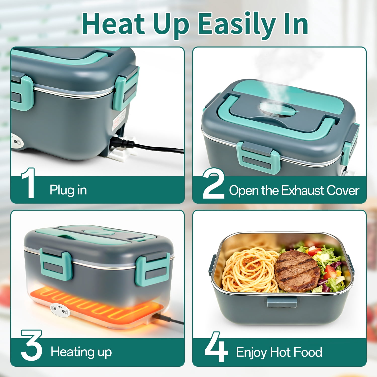 TINANA Electric Lunch Box Food Warmer 1.8L, 100W Heated Lunch Box for Adults, Portable Food Heater for Work, Car & Truck, Fast Heating and Stainless Steel Tray