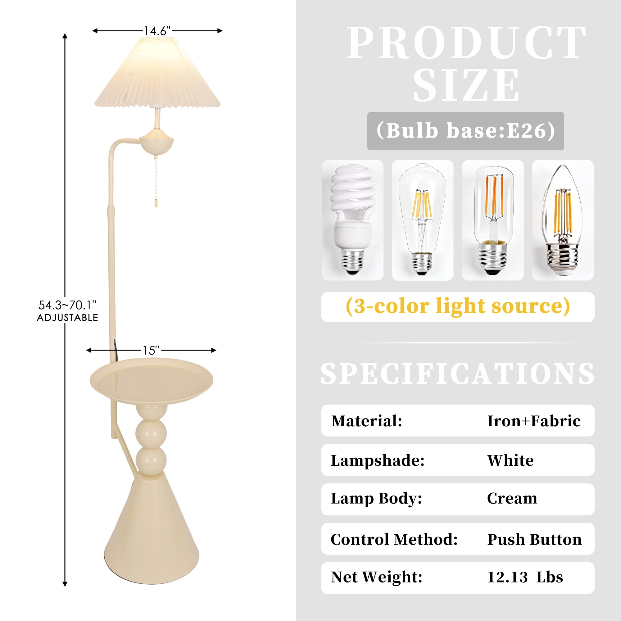 AFANQI15-inch Cream-colored Side Table Floor Lamp with Side Table Design; Suitable for Living Room, Bedroom, and Study; Nordic Minimalist Floor Lamp