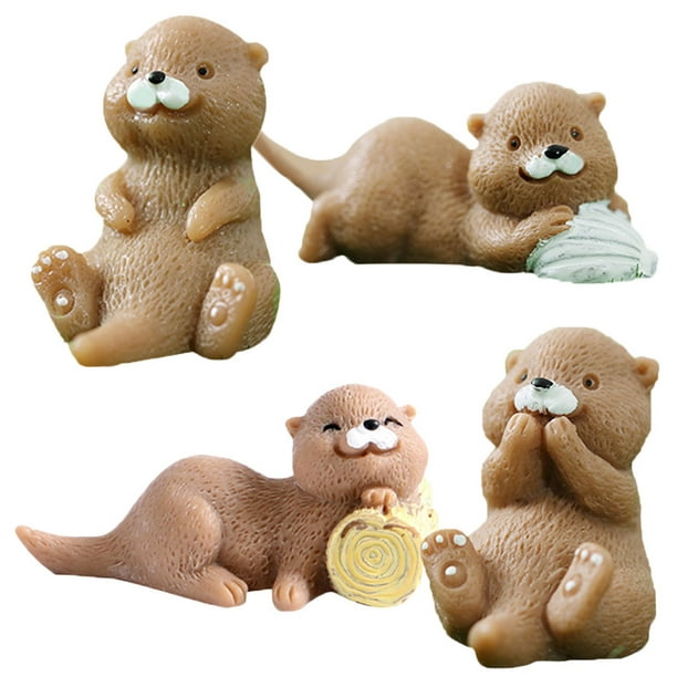 4 figuras miniatura de nutrias de resina para decoración de pasteles, terrarios y manualidades.