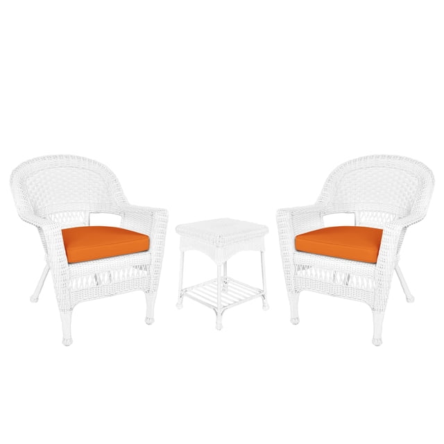 Jeco 3 Piece Wicker Conversation Set in White with Orange Cushions