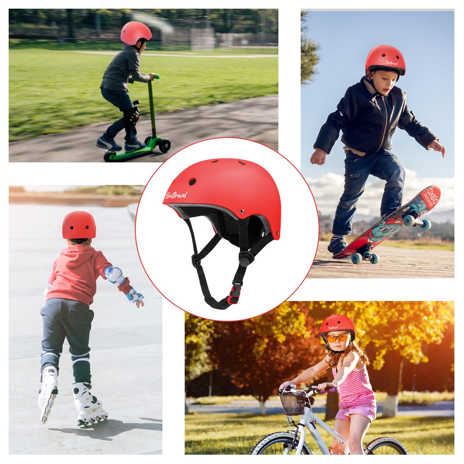 Besttravel Kids Bike Helmet, Toddler Bicycles Helmets for Ages 3-8 Years Boys Girls, Multi-Sport Kids Helmet for Bicycles Skateboarding Scooter Balance, Red