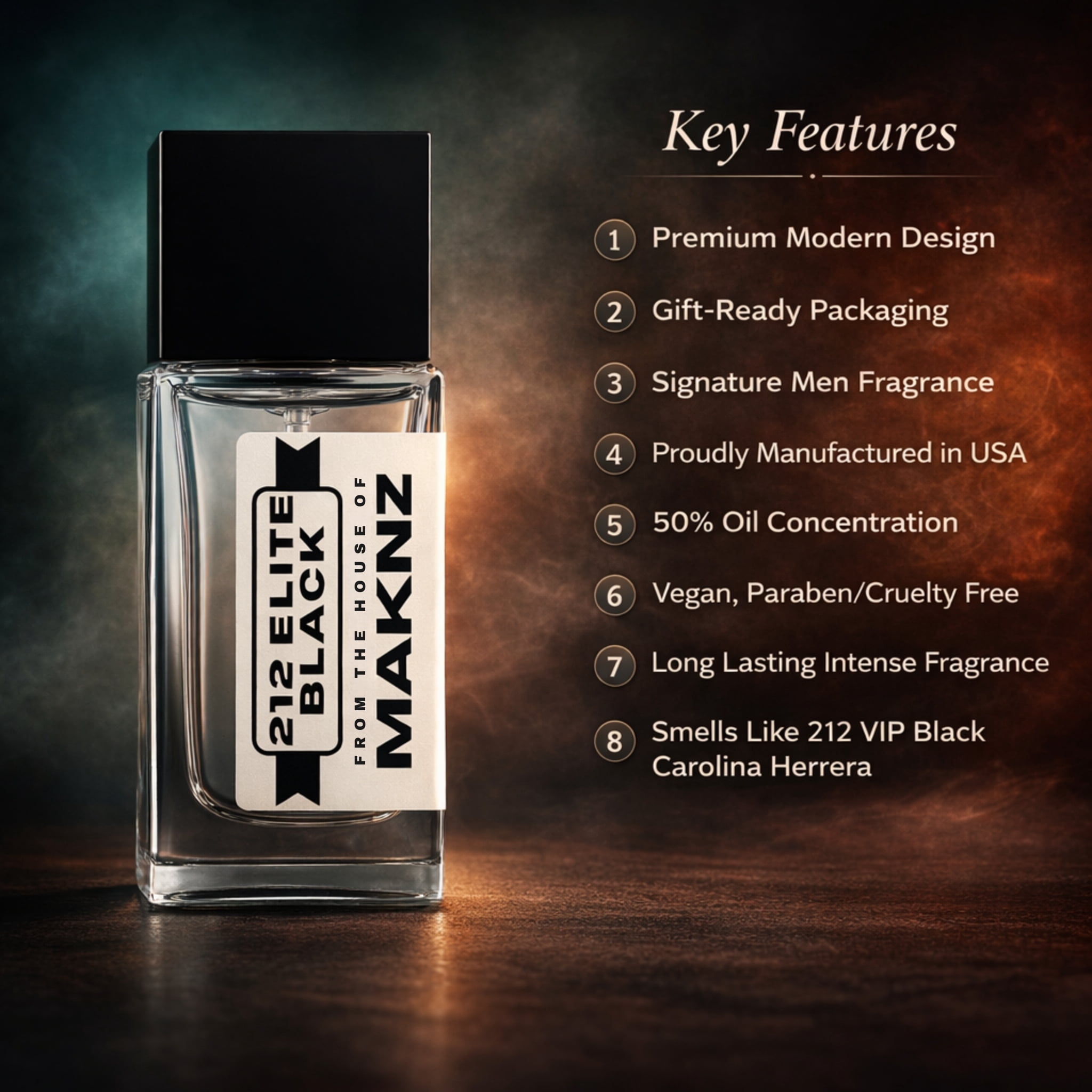 MAKNZ 212 Elite Black Eau de Parfum, Inspired by VIP Black, Cologne for Men, 1.7 oz / 50ml – Aromatic, Vanilla, Soft Spicy, Anise, Lavender, Musky, Powdery, Bitter Sweet, Fresh Spicy
