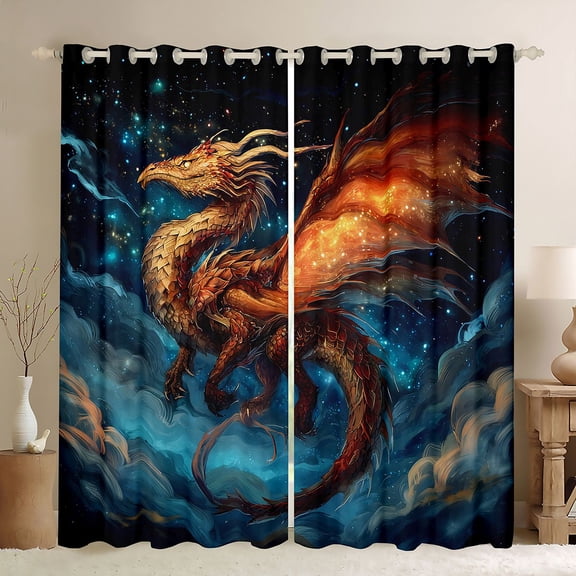 Homewish Magical Dragon Black Out Curtains for Teens Boys Girls,Orange Blue Curtains Pack of 2 (42x63 Each),Universe Galaxy Bedroom Curtains,Luxury Bedroom Decor