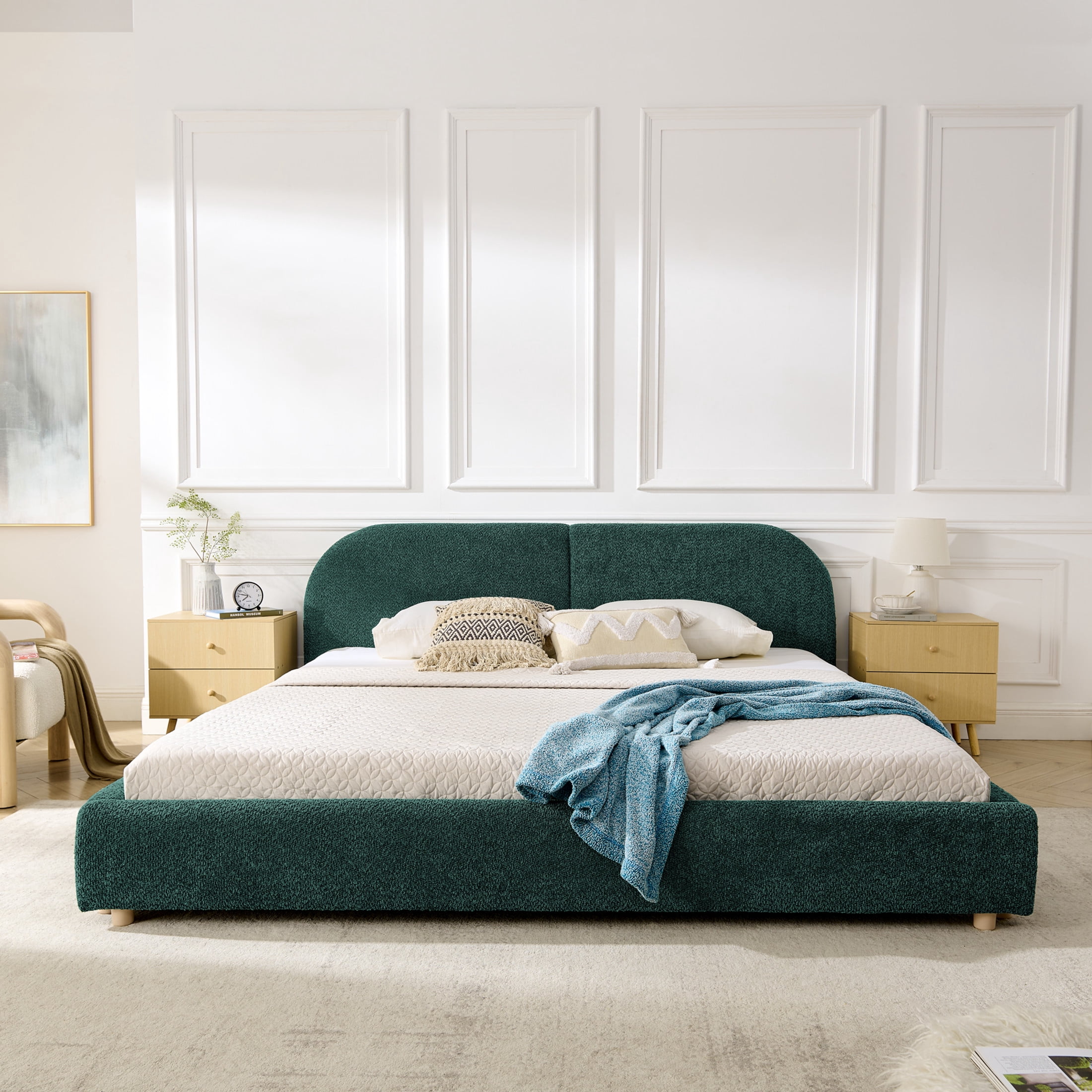 Noble House Roland King Size Yarn Upholstered Bed Frame, Tall Curved Headboard Platform Bed, Sturdy Support, Green