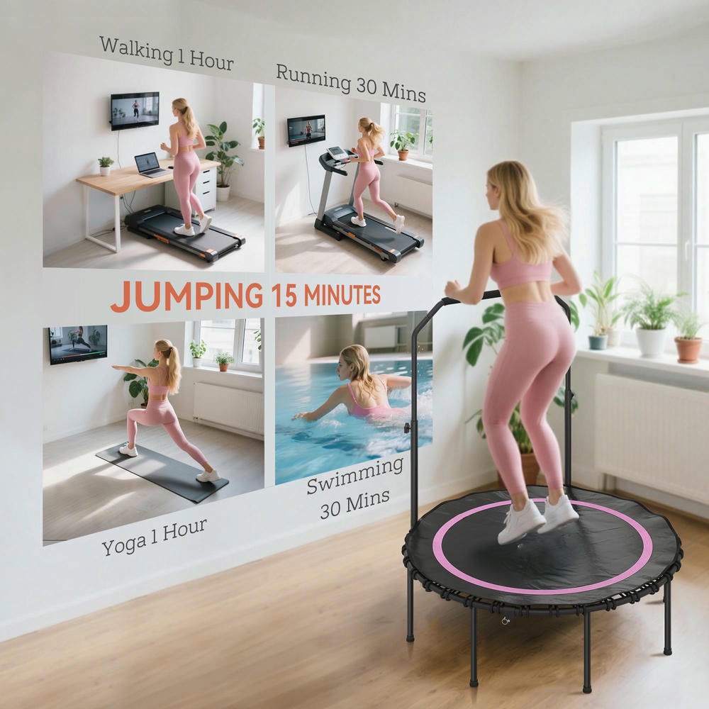 Resenkos 45-Inch Foldable Mini Trampoline with Adjustable Handlebar - Pink