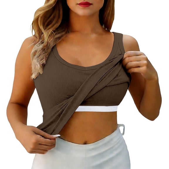 Wang6 Womens Oversized Camisole Tops with Built in Bras Trendy Spaghetti Strap Tank Tops Summer Sleeveless Loose Fit Crew Neck Solid T Shirts Tops Coffee XXL
