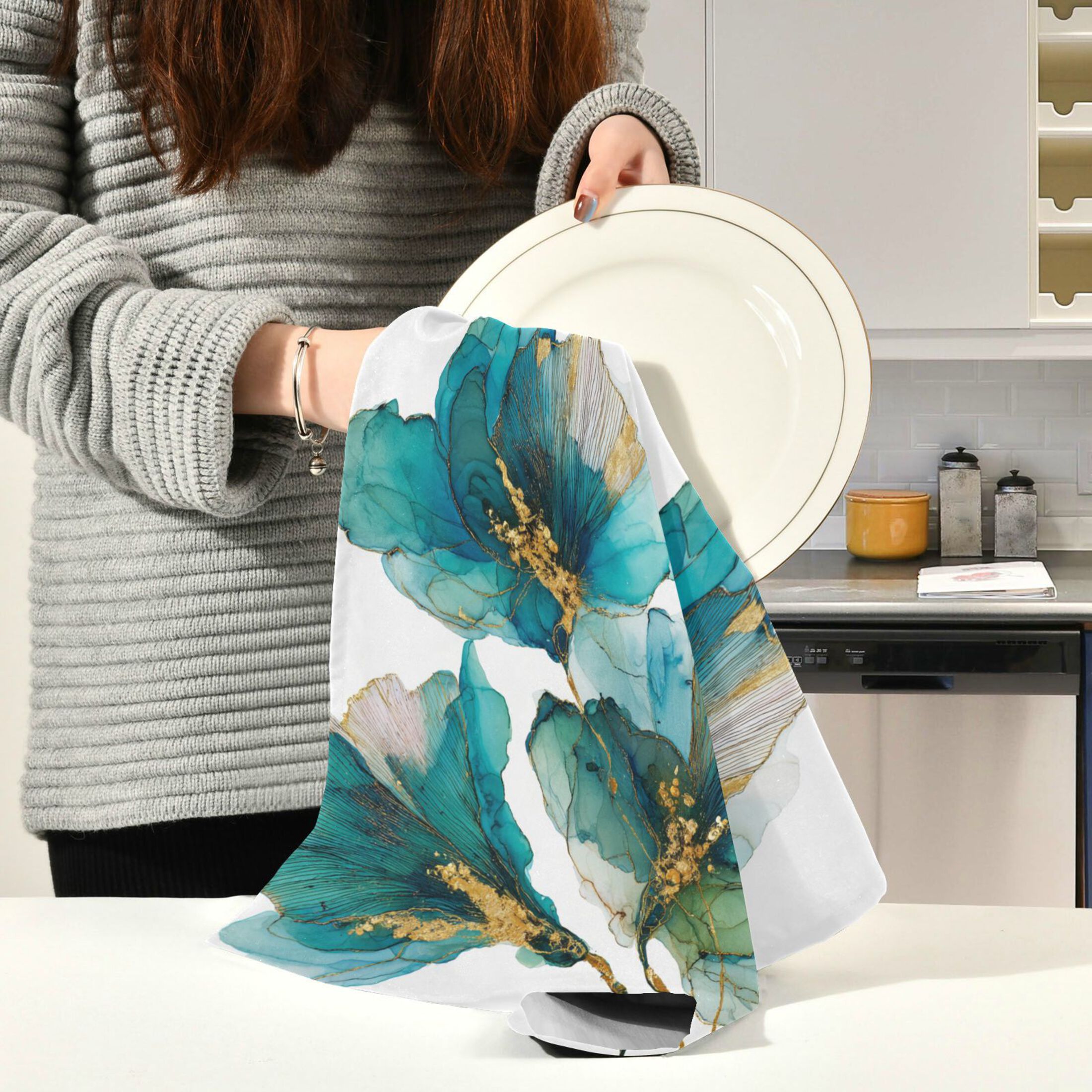 Qxltty Elegant Flower Kitchen Towels 28 x 18 Inch Set of 6 Soft Cotton Linen Feel Dish Towels with Hanging Loop for Drying, Cleaning & Decor