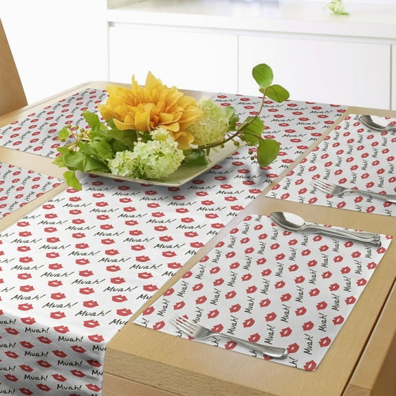 Ambesonne Kiss Table Runner & Placemats, Red Woman Lips Romance, Placemat 4 pcs Runner 12"x72", Vermilion White