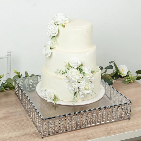 BalsaCircle Silver 18 in Metal Square Cake Stand with Glass Top and Hanging Crystal Beads Birthday Party Wedding Event Decorations