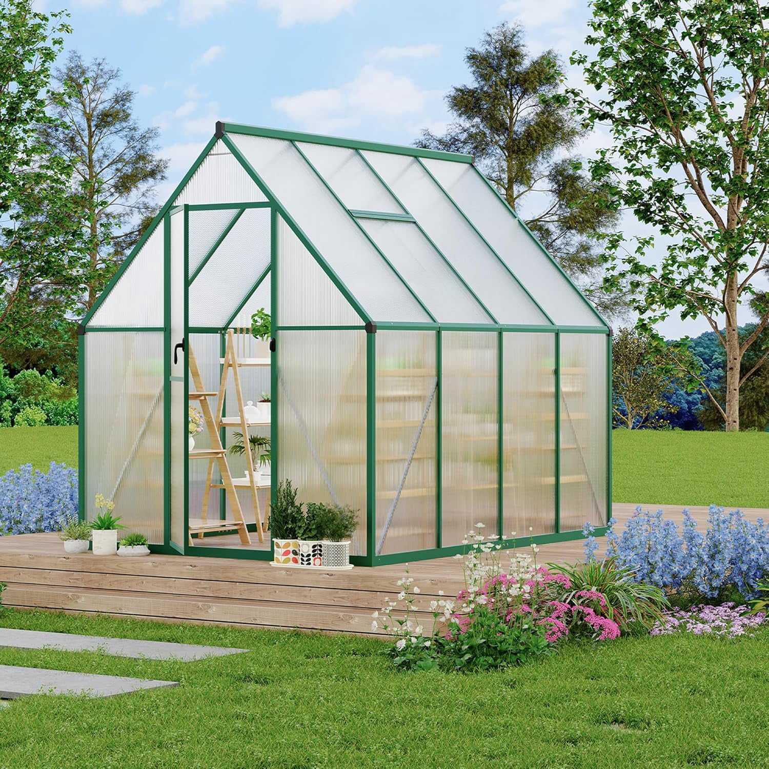 Greenhouse with Aluminum Frame, Polycarbonate Greenhouse for Outdoors, Greenhouses with Ventilation, Aluminum Large Walk-In Greenhouses, Green