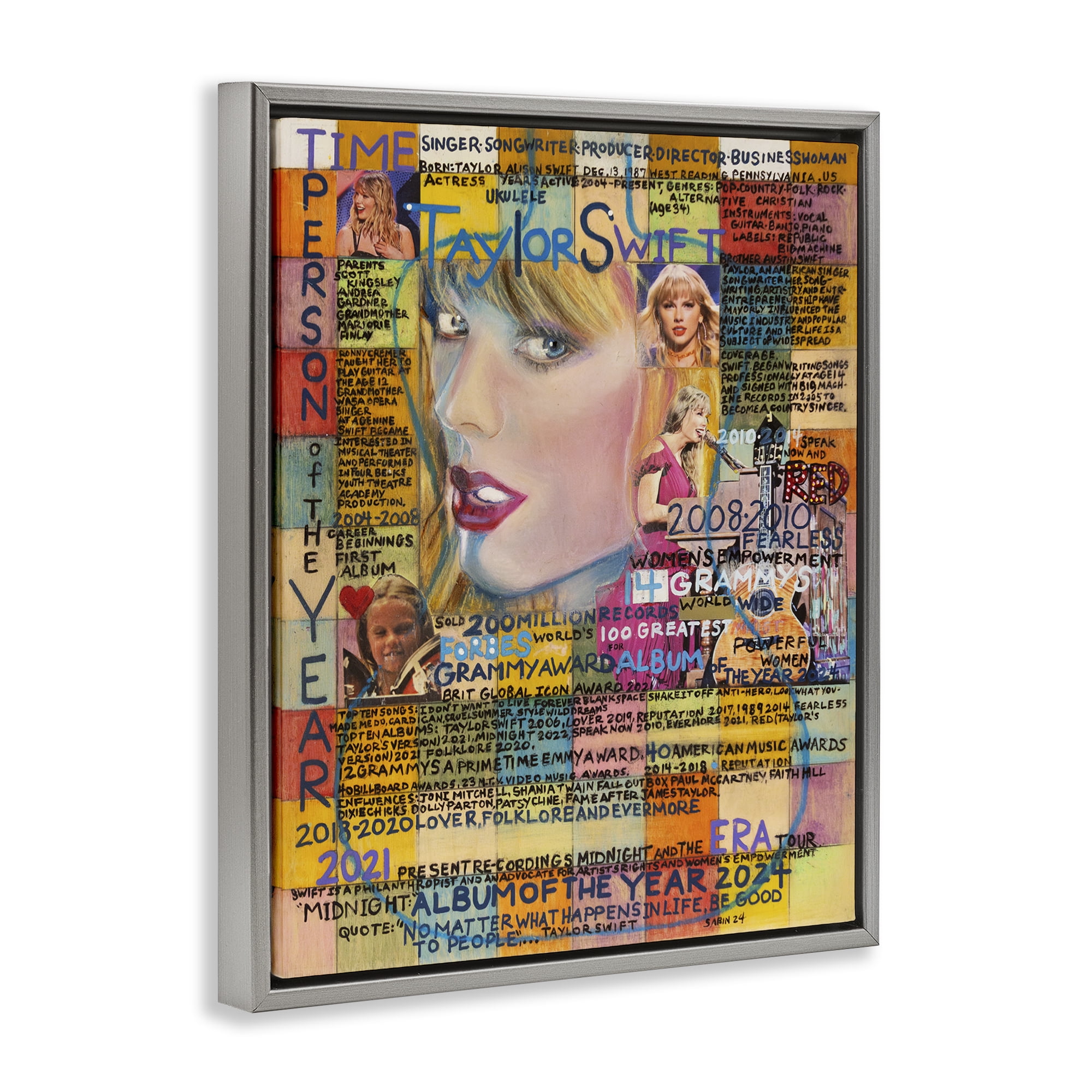 Stupell Industries Taylor Musician Collage People Drawing Gray Floater Framed Canvas Art Print Wall Art, 17 x 21