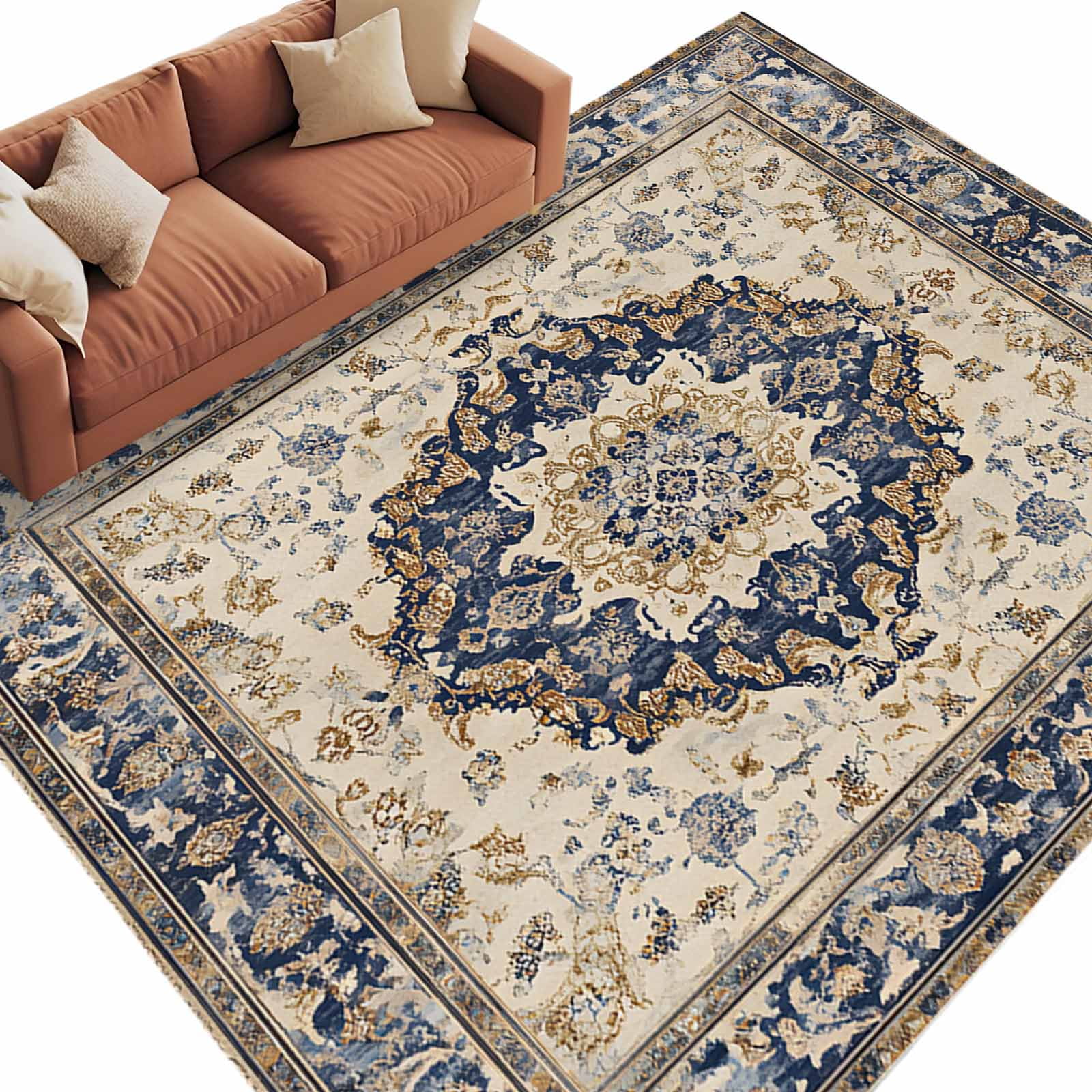 Vintage Flower Pattern Washable Area Rug 8 x 10 ft Blue Traditional Bohemian Soft Non Slip Rugs Stain Repellent Indoor Felt Carpet for Living Dining Room Bedroom Home Office