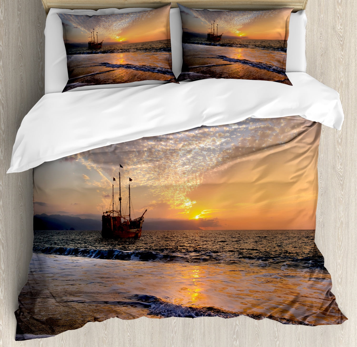 Nautical Duvet Cover Set Pirate Ship Sailing In Waves Fantasy In