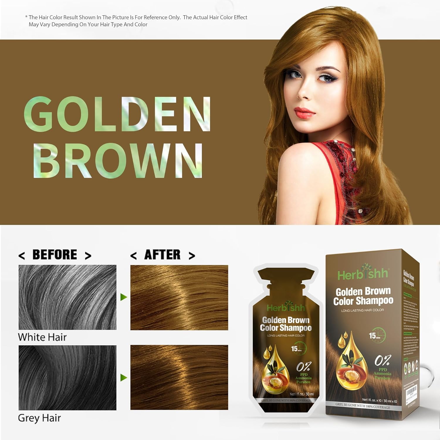 Herbishh Golden Brown PPD-Free Shampoo for Gray Hair, Travel-friendly Hair Dye Shampoo 3 in 1, 100% Gray Coverage, Permanent Hair Color for Men & Women, Ammonia-free, 30 ml