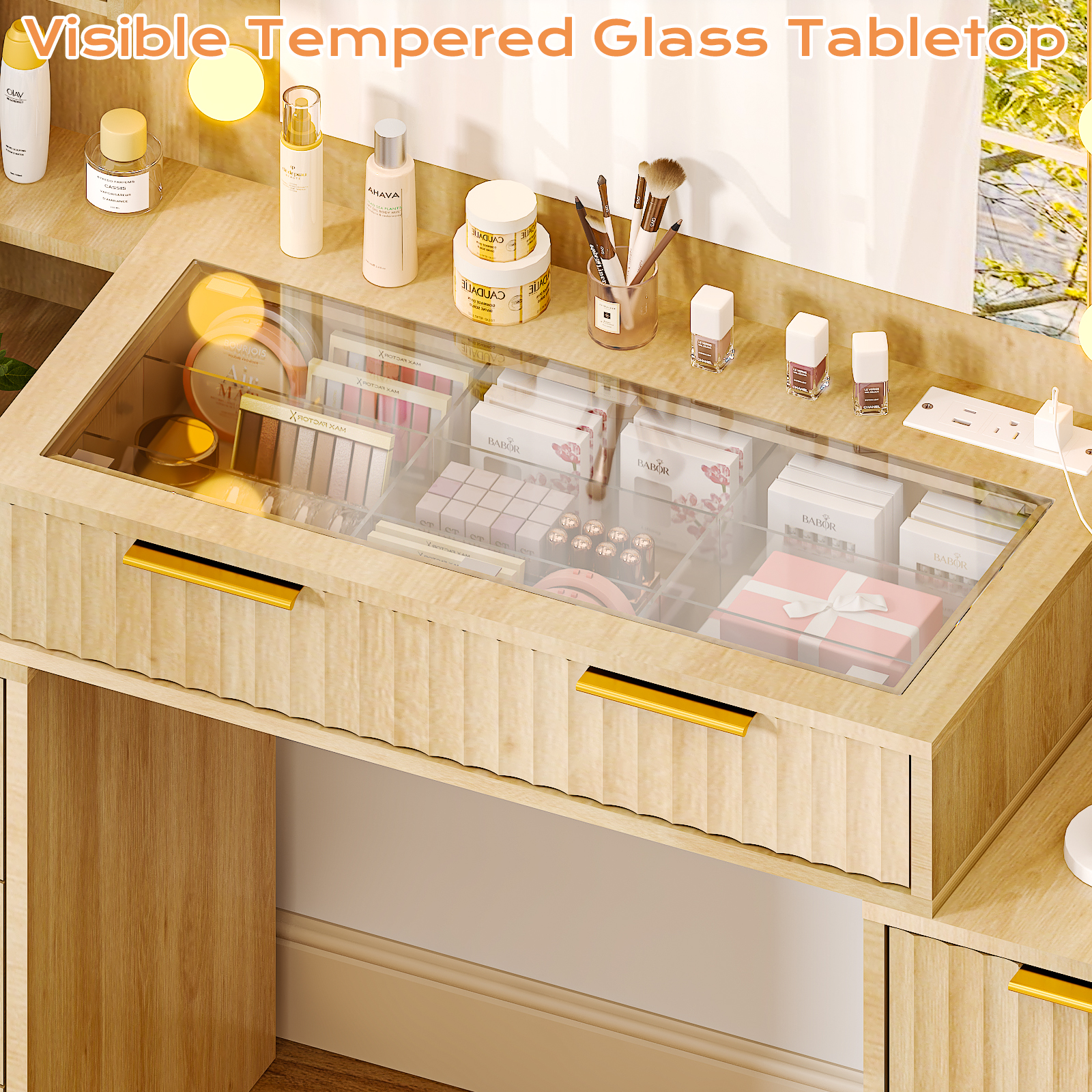 Ktaxon Large Makeup Vanity with 9 Drawers, Flutted Vanity Table Set with Lighted Mirror, Get Ready with Me, Wood Color