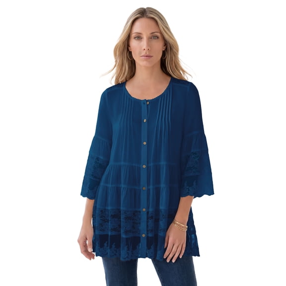 Roaman's Women's Plus Size Lace Illusion Blouse