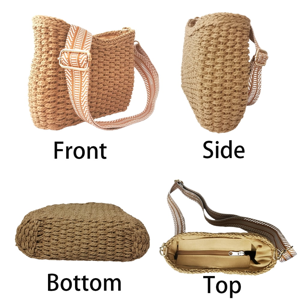 Small Handmade Straw Pocketbook Crossbody Bag for Women, Summer Chic Woven Handbag Shoulder Purse with Chain