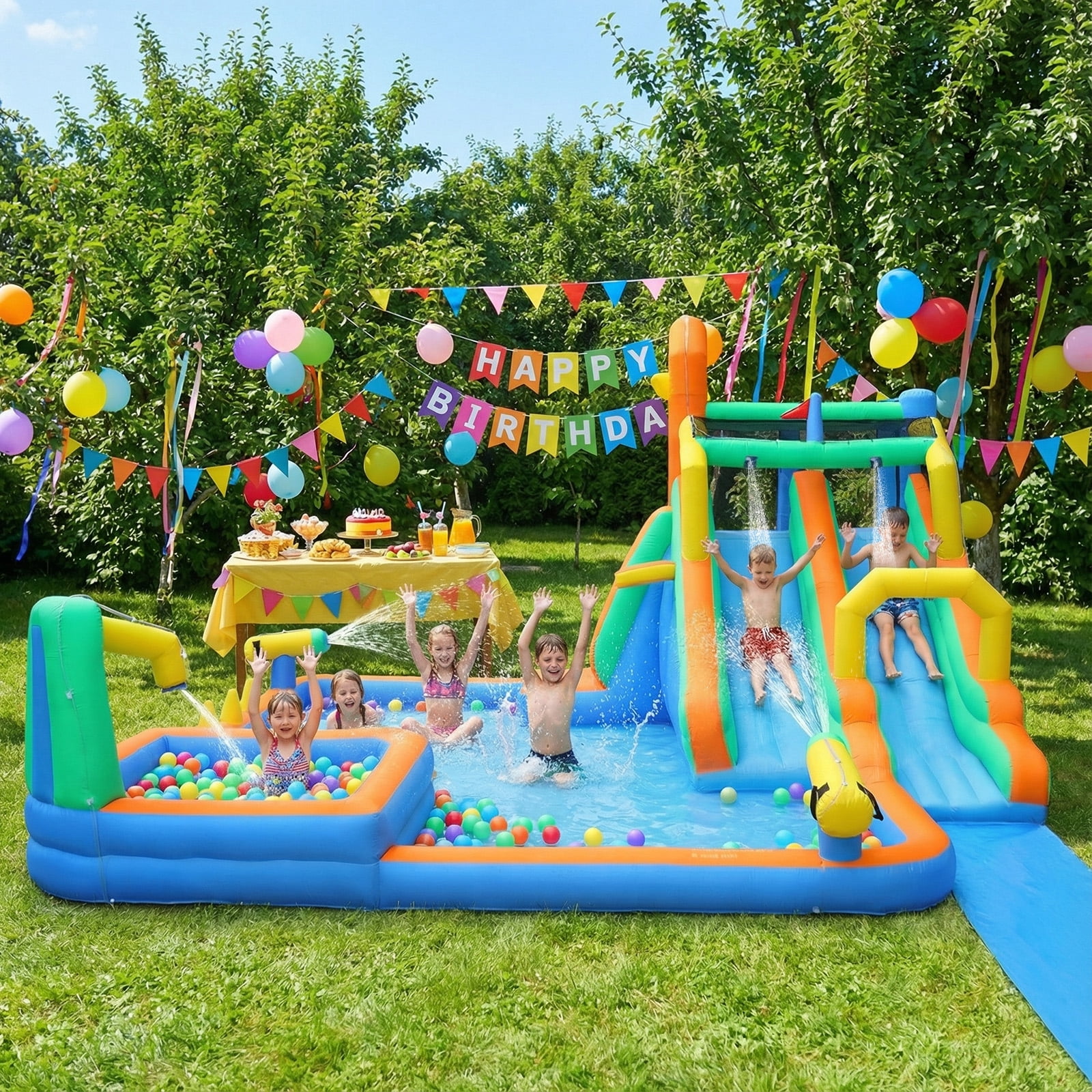 Ktaxon 8-in-1 Inflatable Water Slide Bounce House with Blower, 197" x 179" x 98", Dual Slides Water Park, Wading Pool & Water Dump Bucket for Kids Backyard