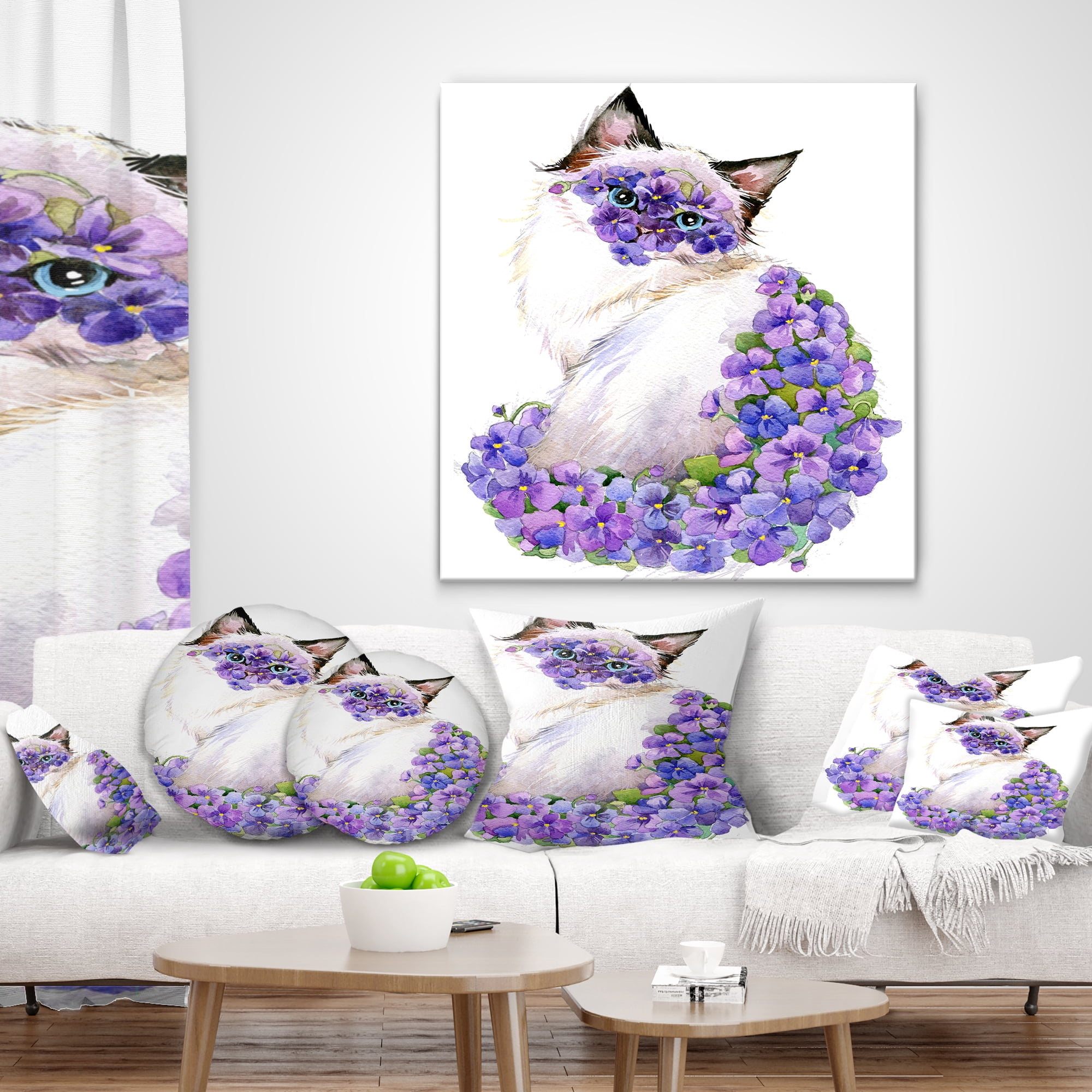 Designart Cute Cat with Blue Flowers - Animal Throw Pillow - 12x20